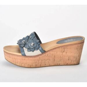 Coach Blue Floral Leather Cork Wedge Sandals